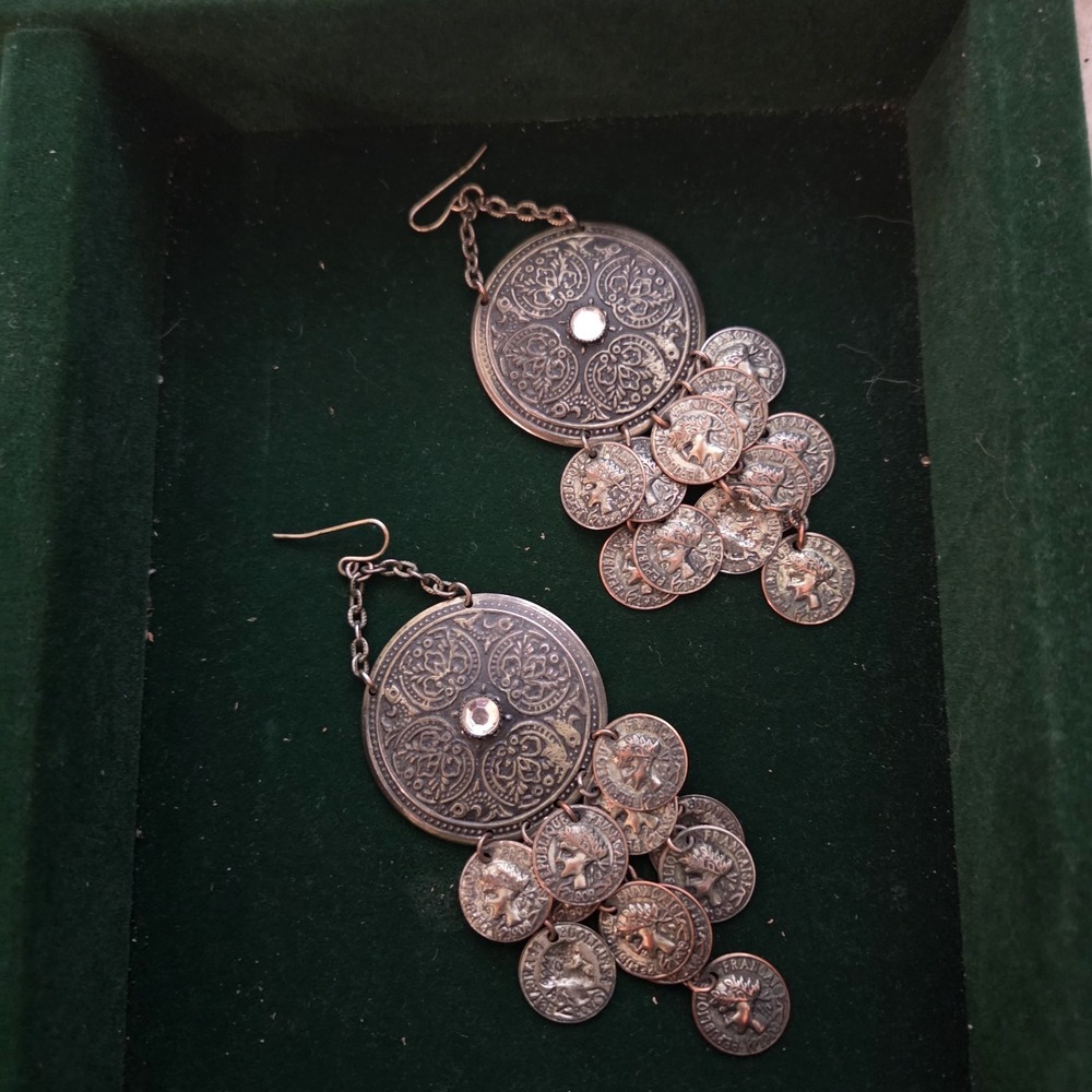 Bronze Tone Boho Coin Dangle Earrings Ornate Medallion Chandelier Gypsy Tribal